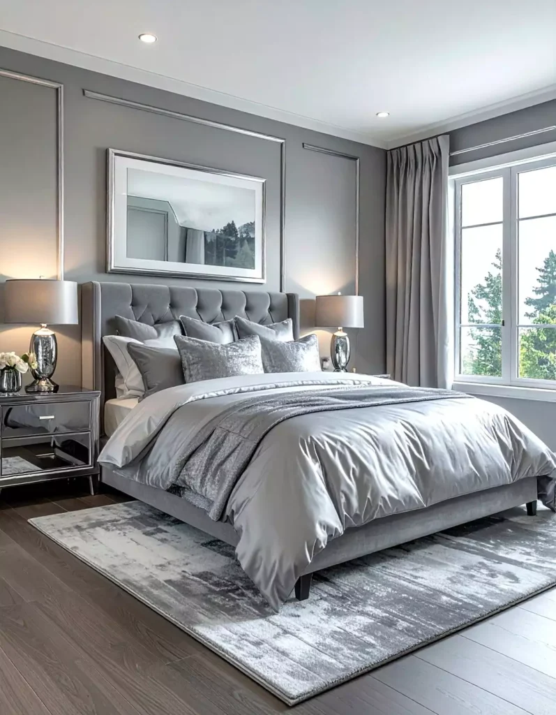 Glamorous grey paneled bedroom wall with silver-framed art and satin bedding