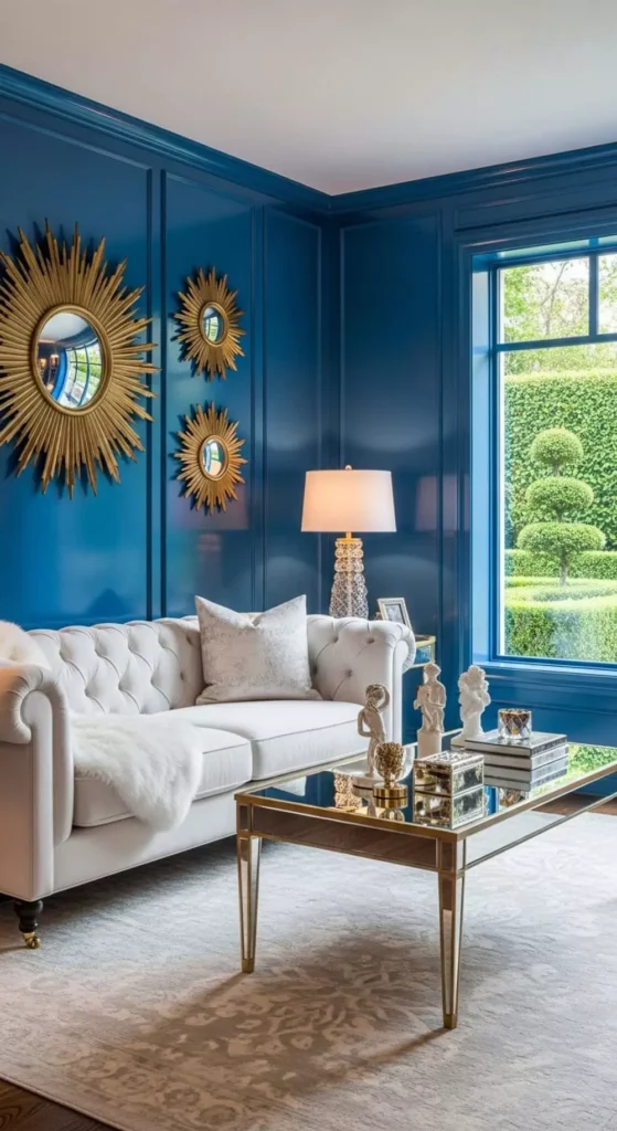 Glossy Blue Living Room Walls With Sunburst Mirrors And A White Tufted Sofa