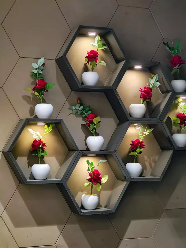 Glowing hexagonal wall shelves each cradling a single rose, a romantic aesthetic wall decoration