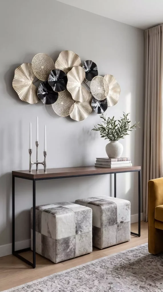 Gold And Black Fan Shaped Wall Decor Above A Console Table With Cowhide Stools