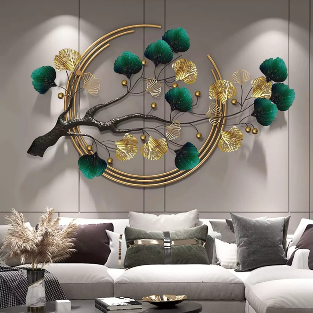 Gold and teal metal leaf sculpture, decorative wall art for living room