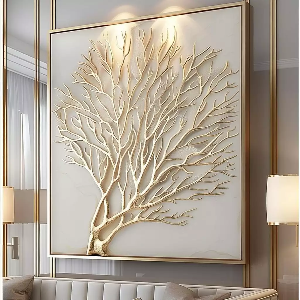 Gold branch-shaped metal wall art, elegant decor for walls in a living room