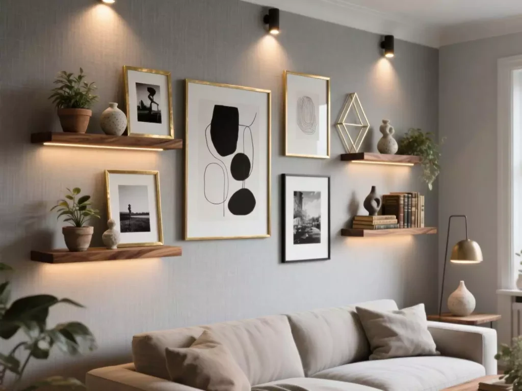Gold-framed art gallery on floating shelves, living room wall decor idea