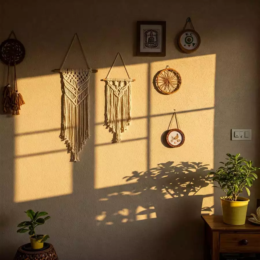 Golden Sunlight Casting Window Shadows On Boho Dorm Wall Decor With Macrame Hangings And Woven Accents