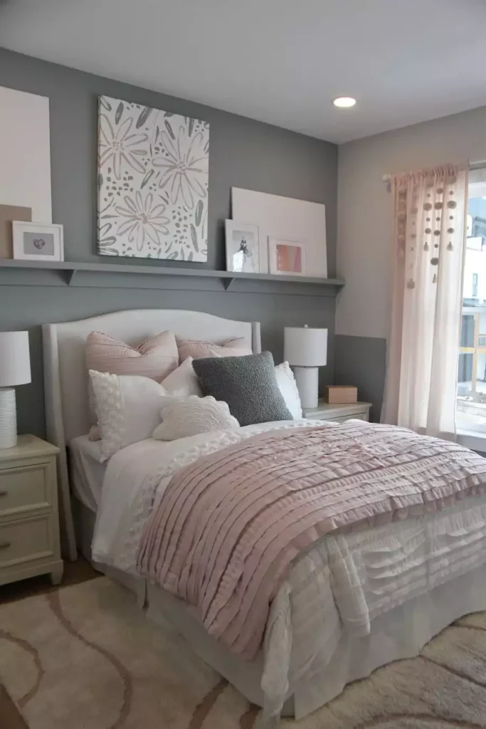 Gray Two Tone Small Bedroom Wall Decor With A Floral Canvas And A Picture Ledge Above A Blush Bed