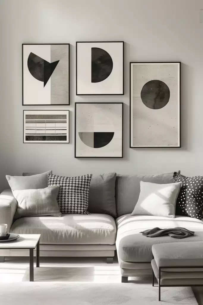 Gray sectional under circle-print frames on a pale above sofa wall