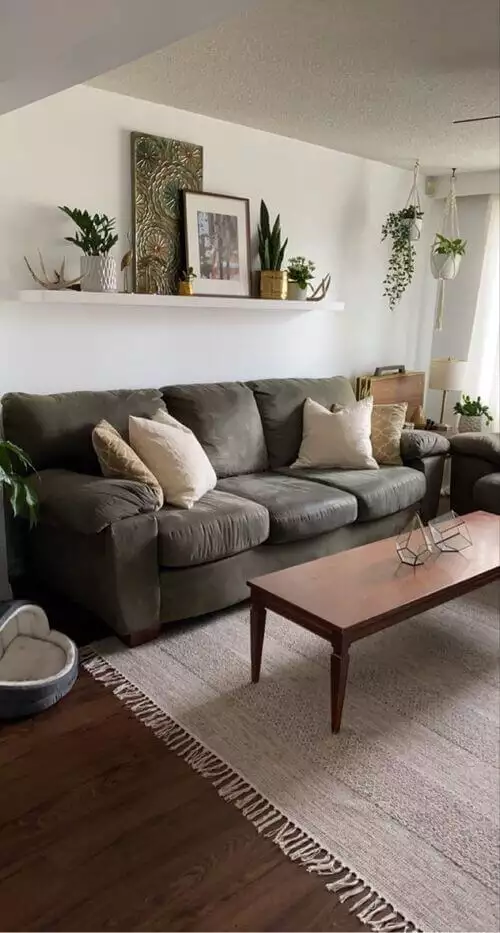 Gray sofa beneath a plant-and-art ledge on a white above sofa wall