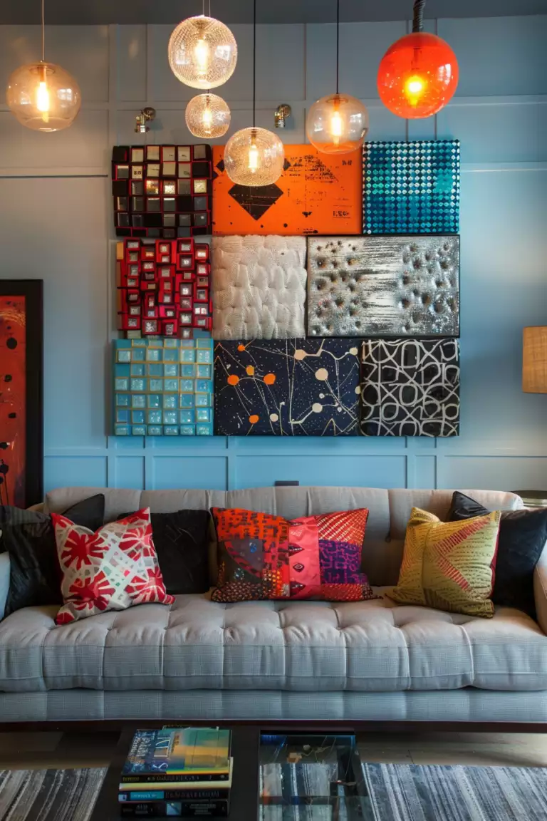 Gray sofa facing a nine-panel mixed-media grid on a blue above sofa wall