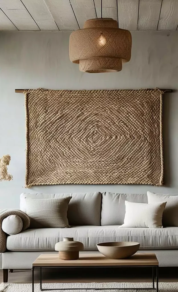 Gray sofa under a chunky jute tapestry on a pale above sofa wall