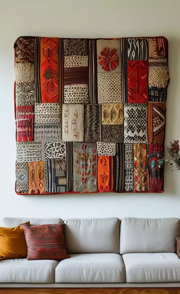 Gray sofa under a square kilim tapestry on a white above sofa wall