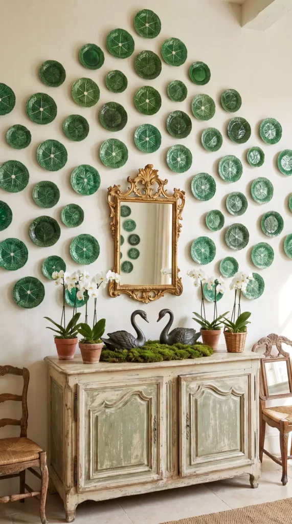 Green majolica plate wall decor in a triangular formation around a gilt mirror