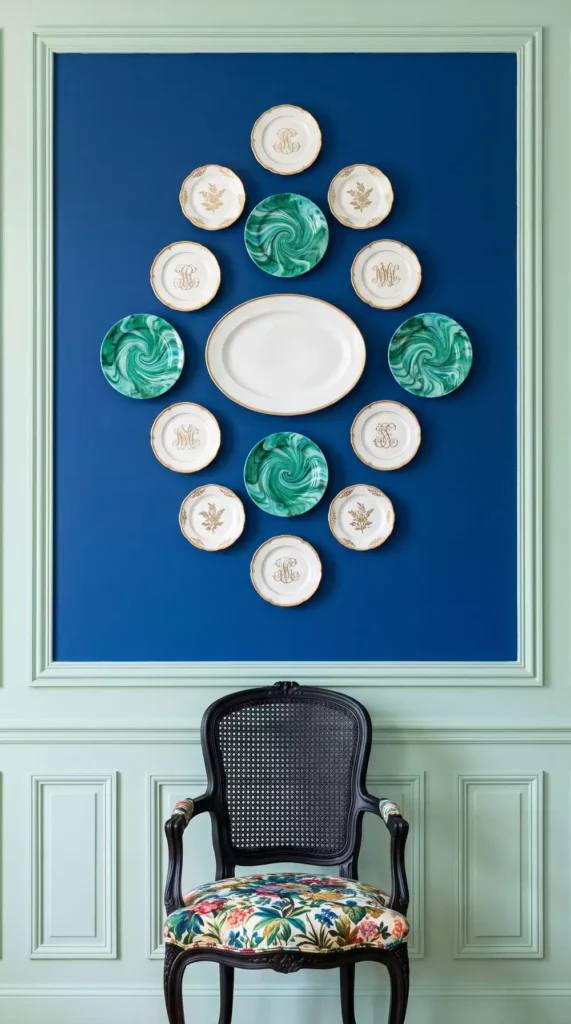 Green swirl and monogrammed plate wall decor mounted on a navy panel