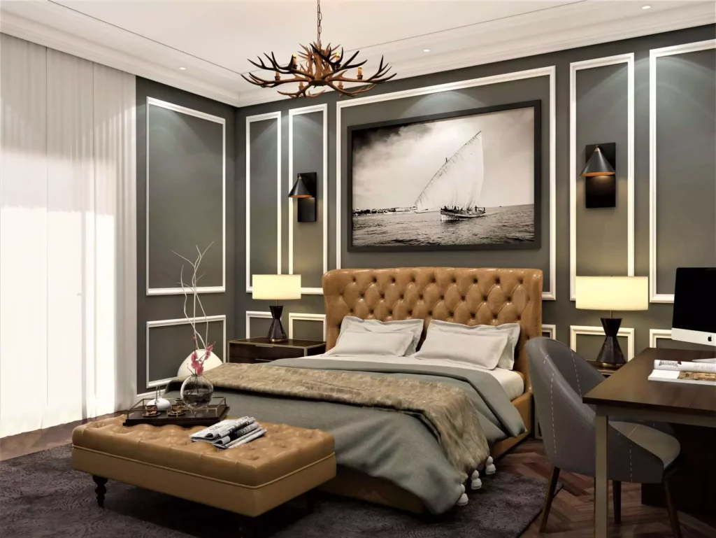 Grey accent wall bedroom decor idea with tufted leather headboard and antler chandelier
