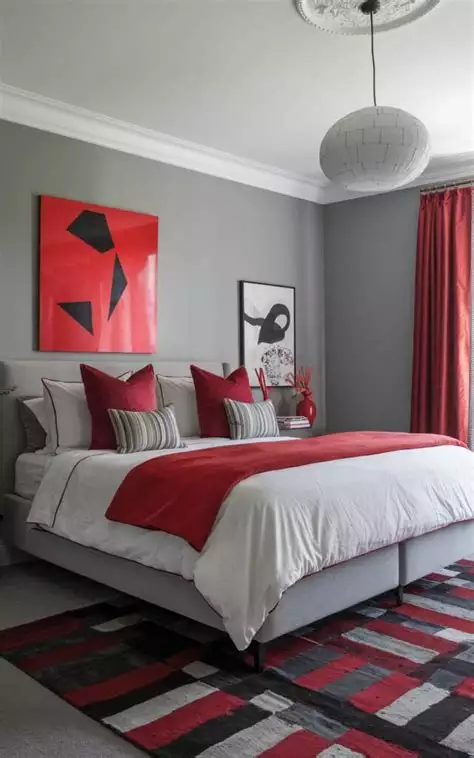 Grey bedroom wall accented with bold red abstract art and matching red bedding