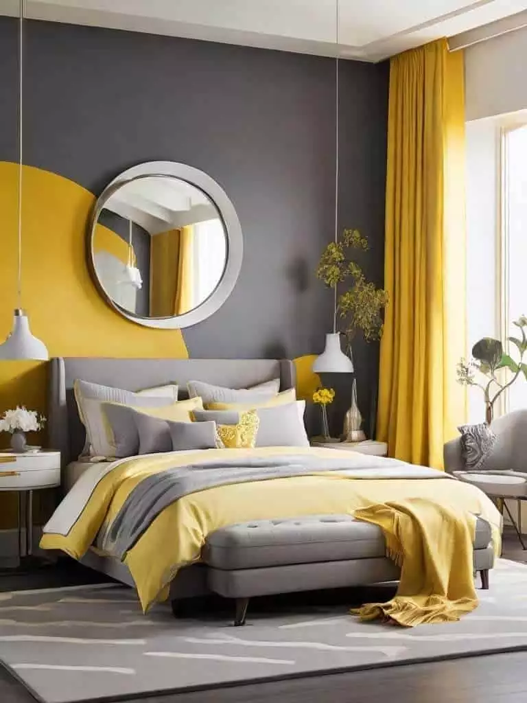 Grey bedroom wall with a bold yellow circle accent and matching yellow curtains