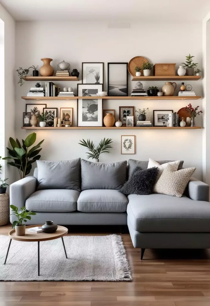 Grey sofa living room with floating wood shelves styled with books, plants and framed art