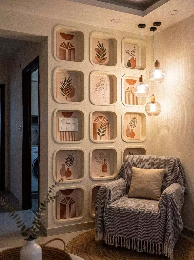 Grid Niche Wall Corner Decor With Printed Art Above Cozy Reading Armchair