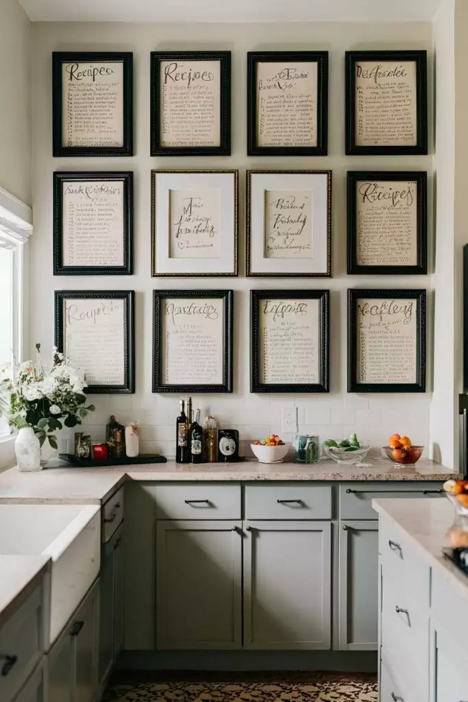 Grid of framed handwritten recipes on a kitchen wall above gray cabinets