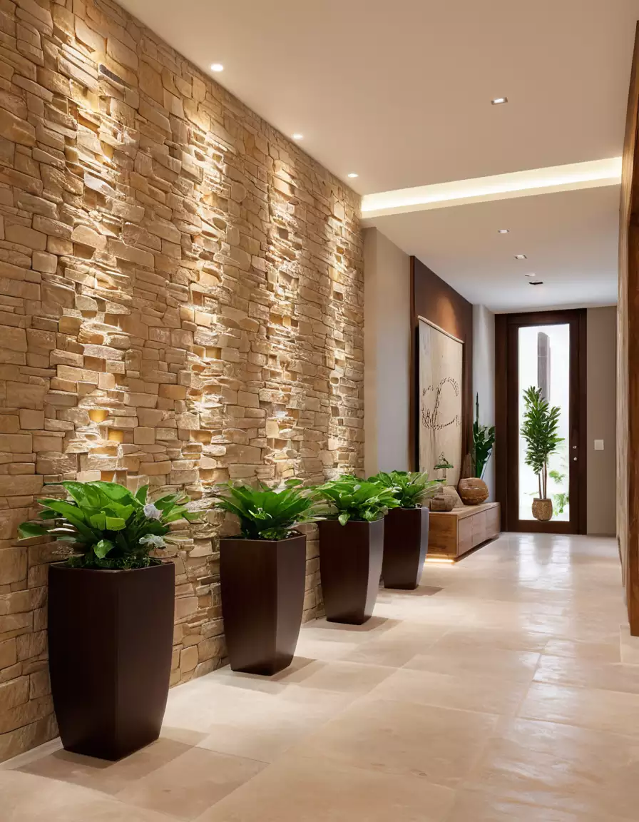 Hallway wall built from layered stacked stone beside a row of tall planters