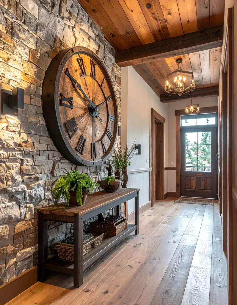 Hallway wall built from stacked stone with an oversized wood faced clock