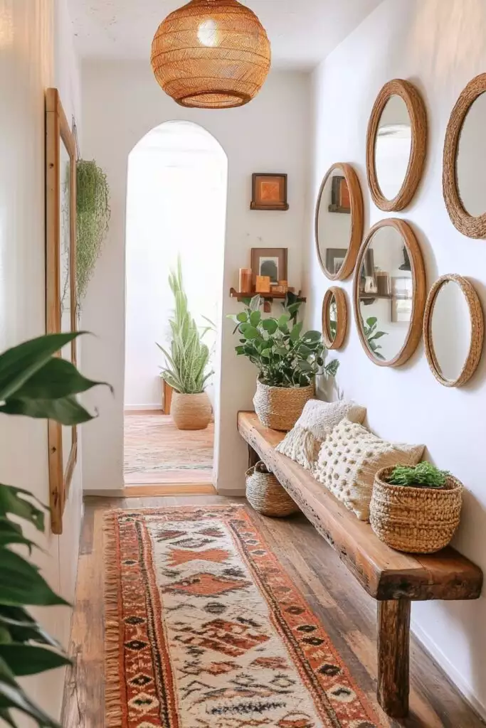 Hallway wall clustered with round woven mirrors above a rustic wood bench