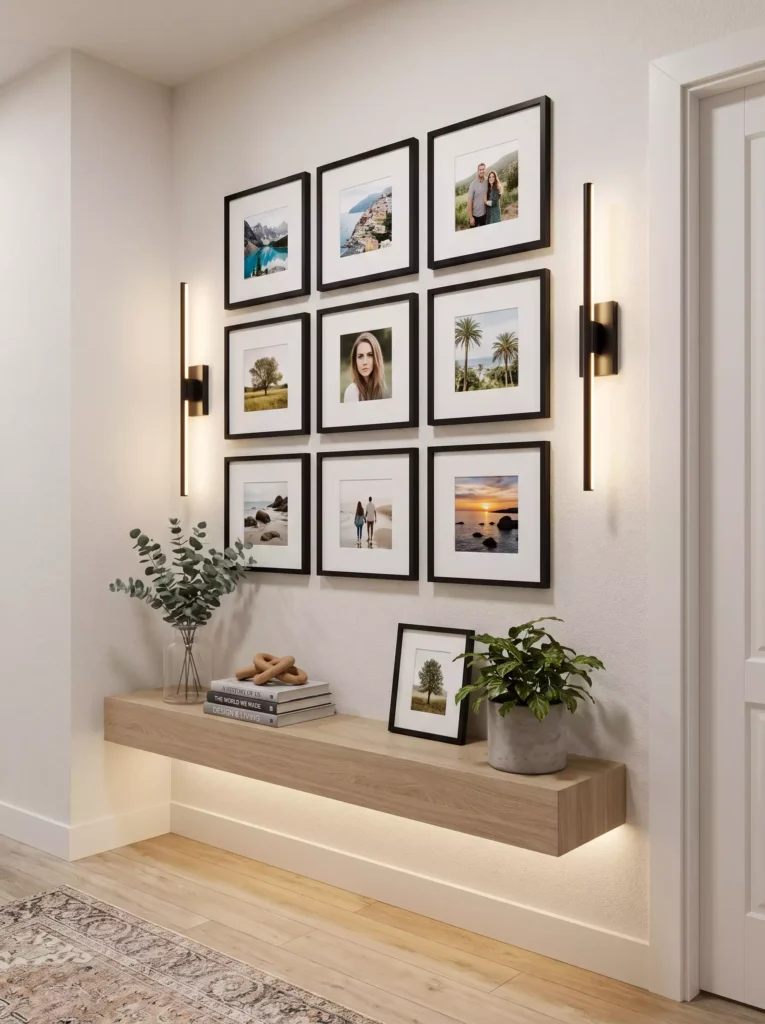 Hallway wall corner styled with a 3x3 photo grid above a floating shelf
