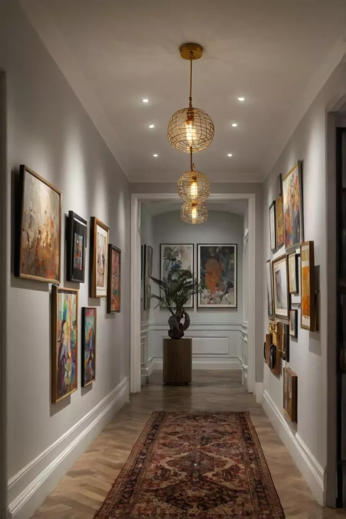 Hallway wall covered edge to edge with a colorful abstract art gallery