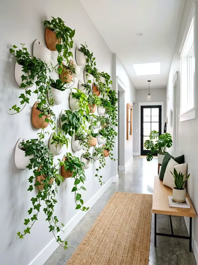 Hallway wall covered in a cascading grid of ceramic wall planters