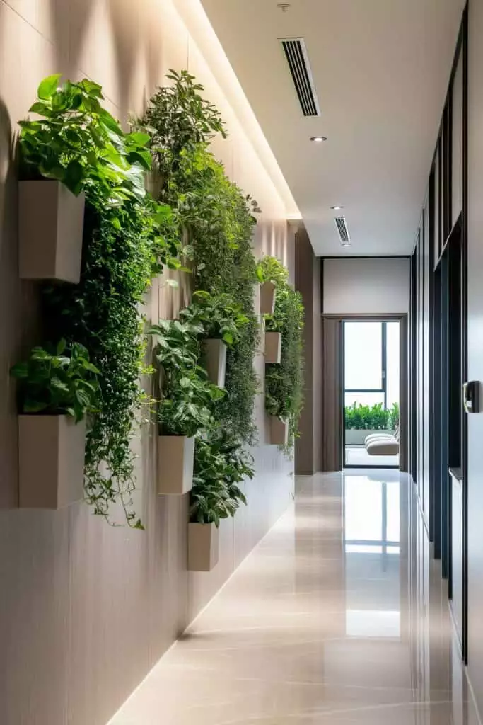 Hallway wall covered in cascading wall mounted planters