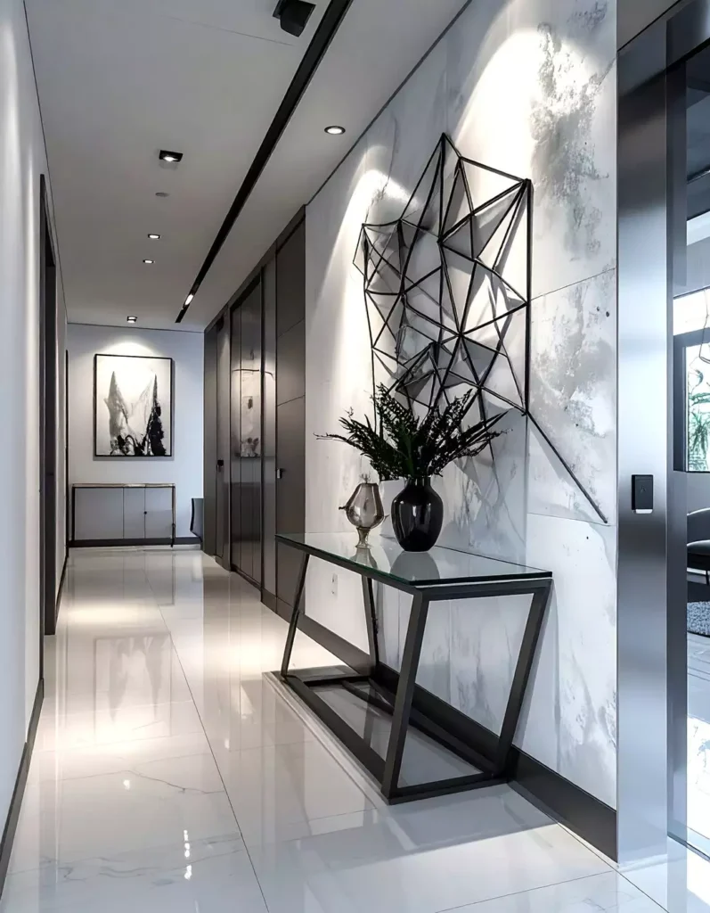 Hallway wall featuring a geometric metal sculpture on a marble look finish