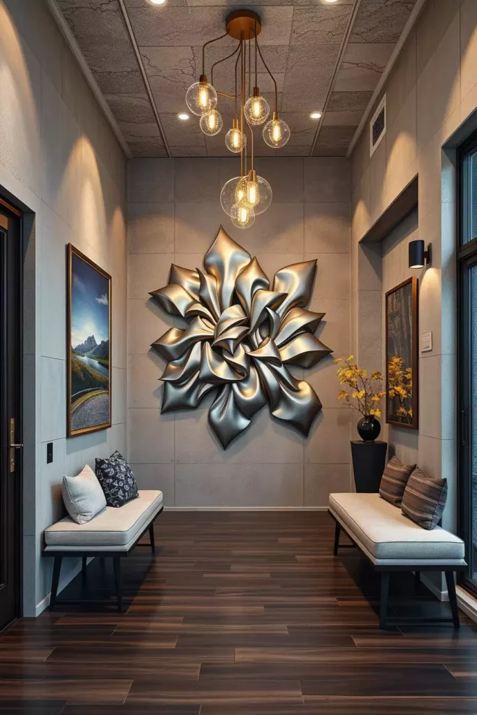 Hallway wall featuring a large sculptural silver flower wall art piece