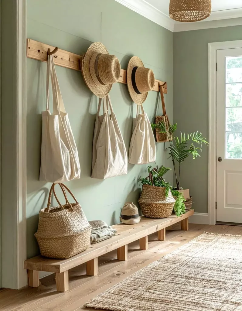 Hallway wall fitted with a wood peg rail for hats and tote bags