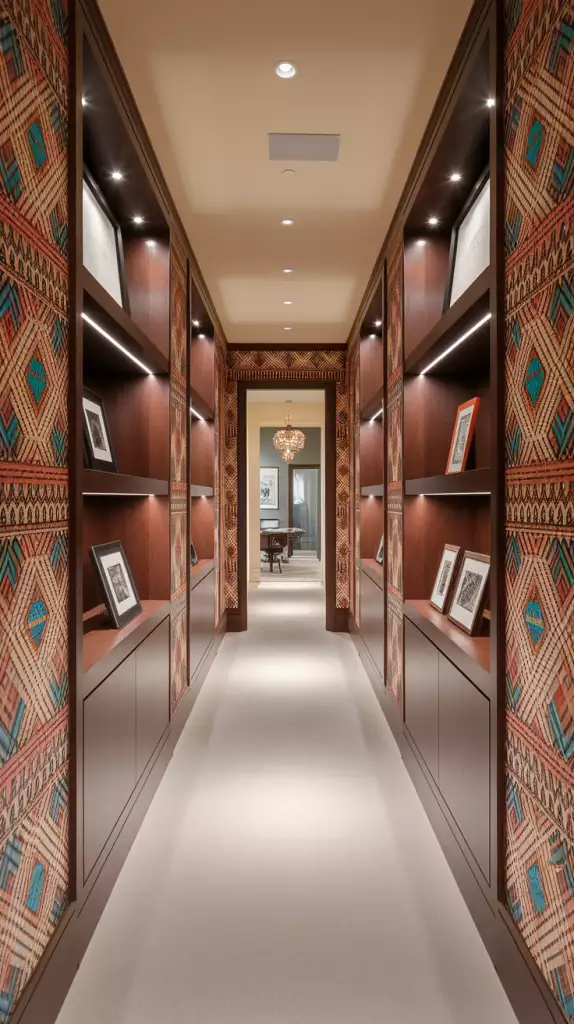 Hallway wall in bold tribal print wallpaper with built in display shelving