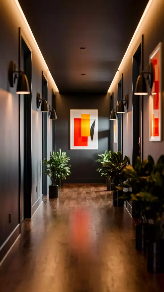 Hallway wall in dark moody tones with bold color block art and potted plants