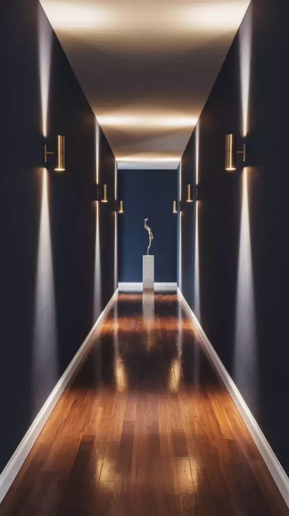 Hallway wall in deep navy leading to a sculptural pedestal display