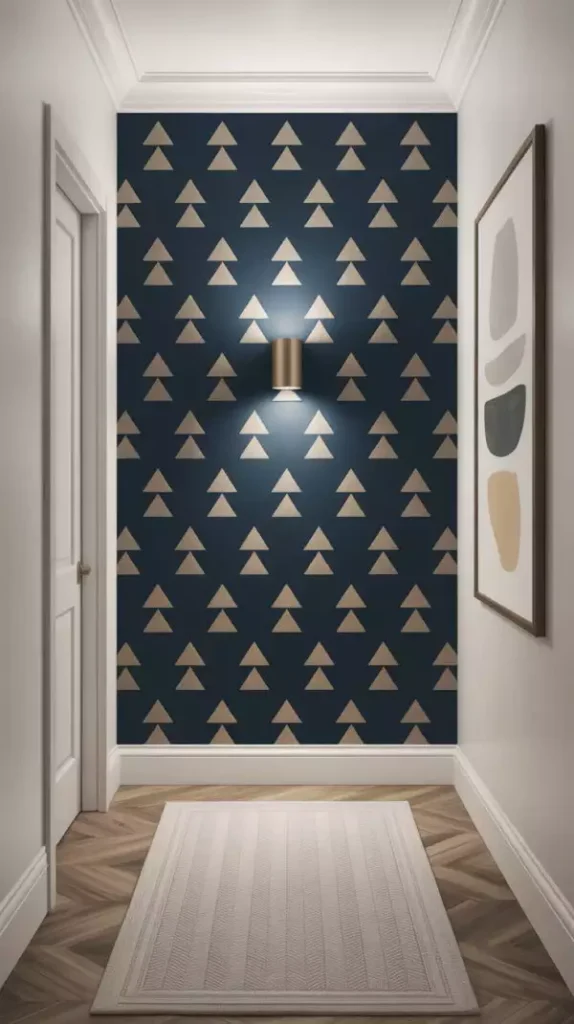 Hallway wall in navy triangle patterned wallpaper with a single sconce