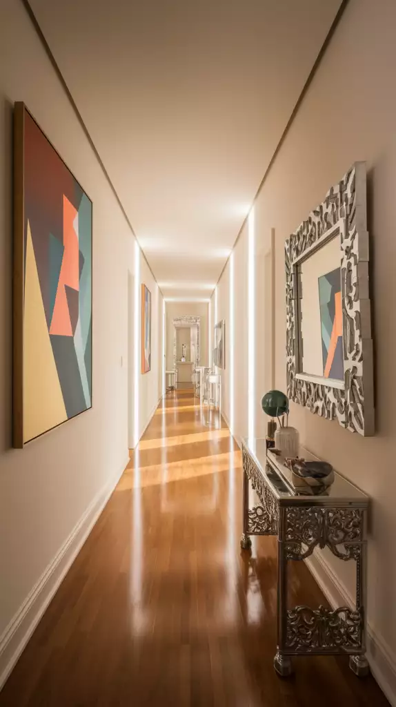 Hallway wall lit by glowing light strips beside colorful abstract paintings