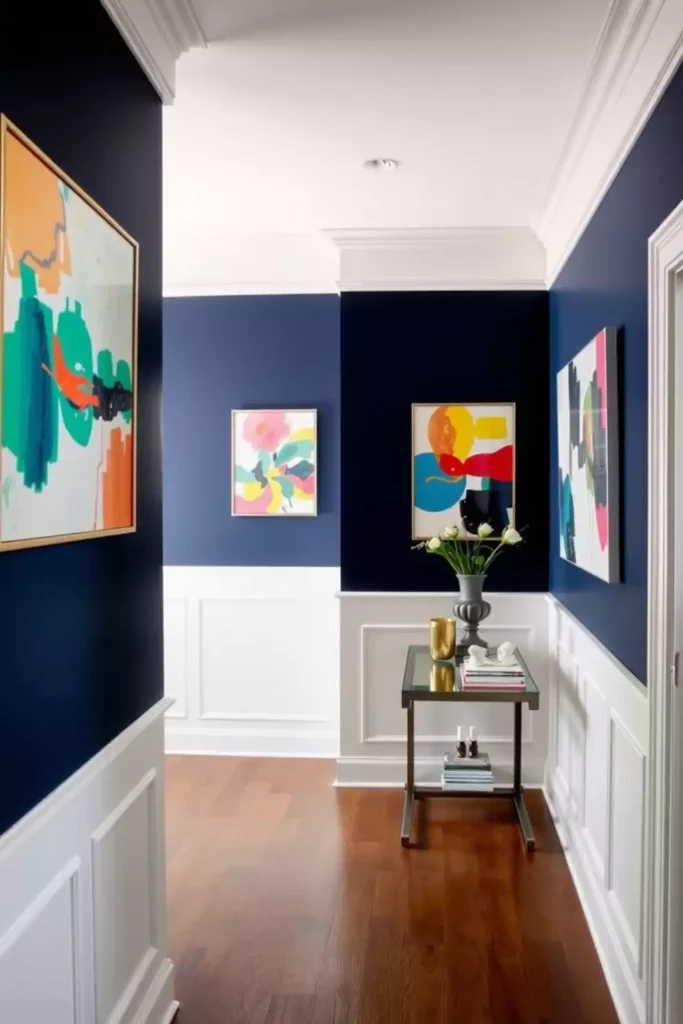 Hallway wall painted deep navy with a gallery of colorful abstract paintings