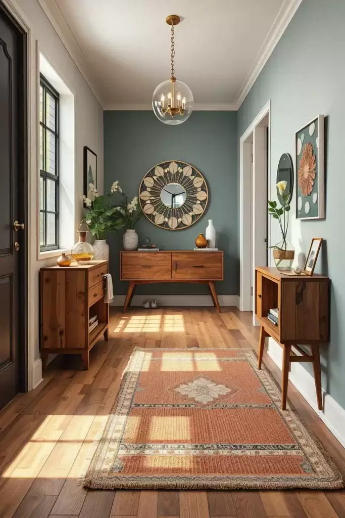 Hallway wall painted teal with a sunburst mirror above a mid century console