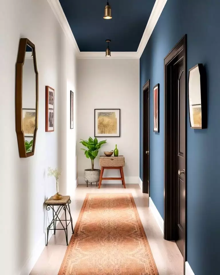 Hallway wall painted two tone white and navy with matching dark doors