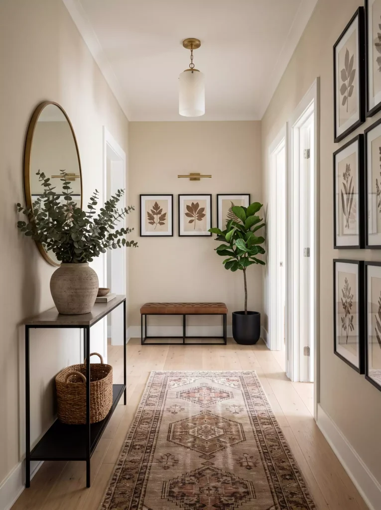 Hallway wall paired with a round brass mirror and a trio of botanical prints