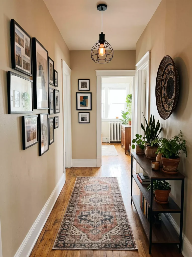 Hallway wall paired with a woven basket accent and a layered photo gallery