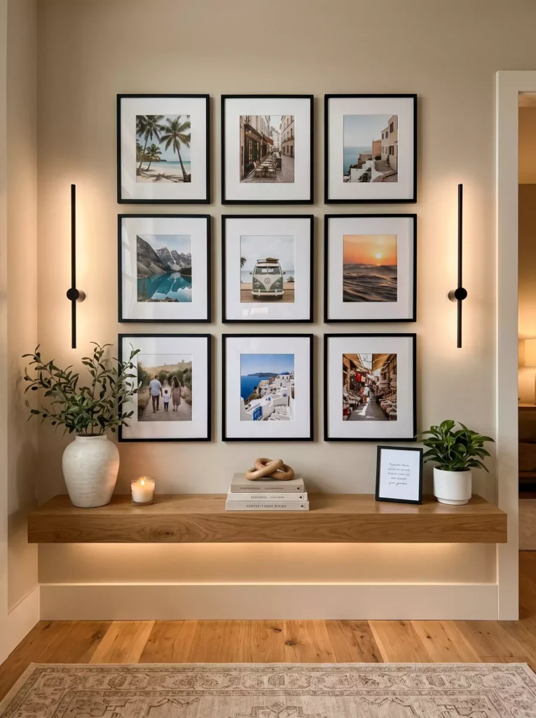 Hallway wall showcasing a 3x3 travel photo gallery above a floating shelf