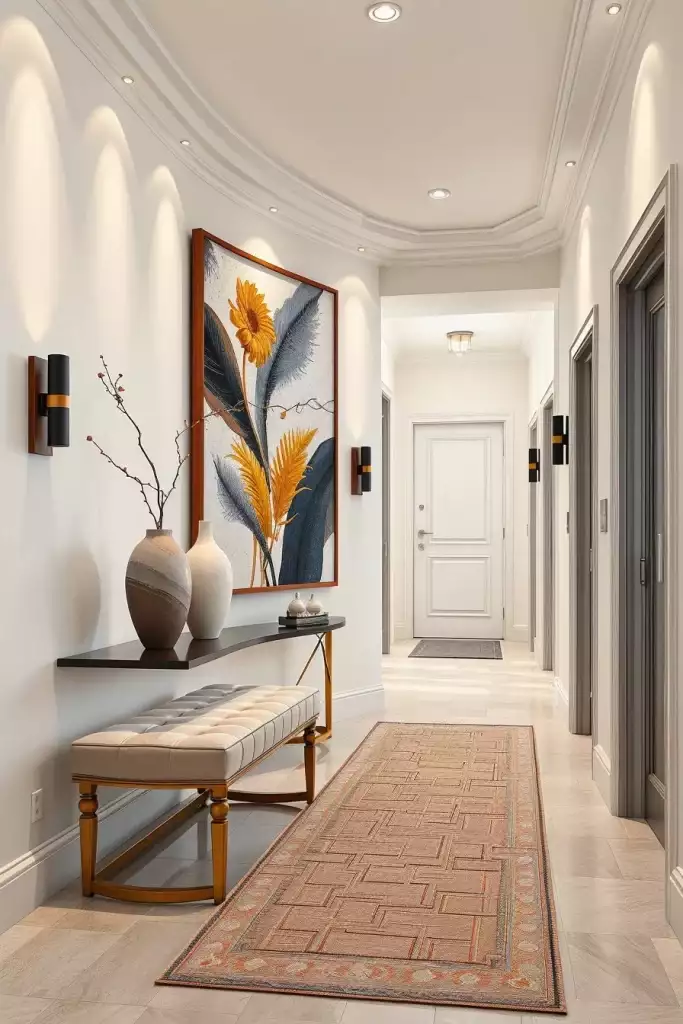 Hallway wall with arched alcove lighting and a bold floral botanical print