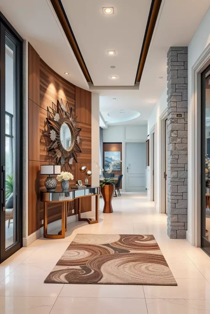 Hallway wall with curved wood paneling and a starburst mirror above a mirrored console