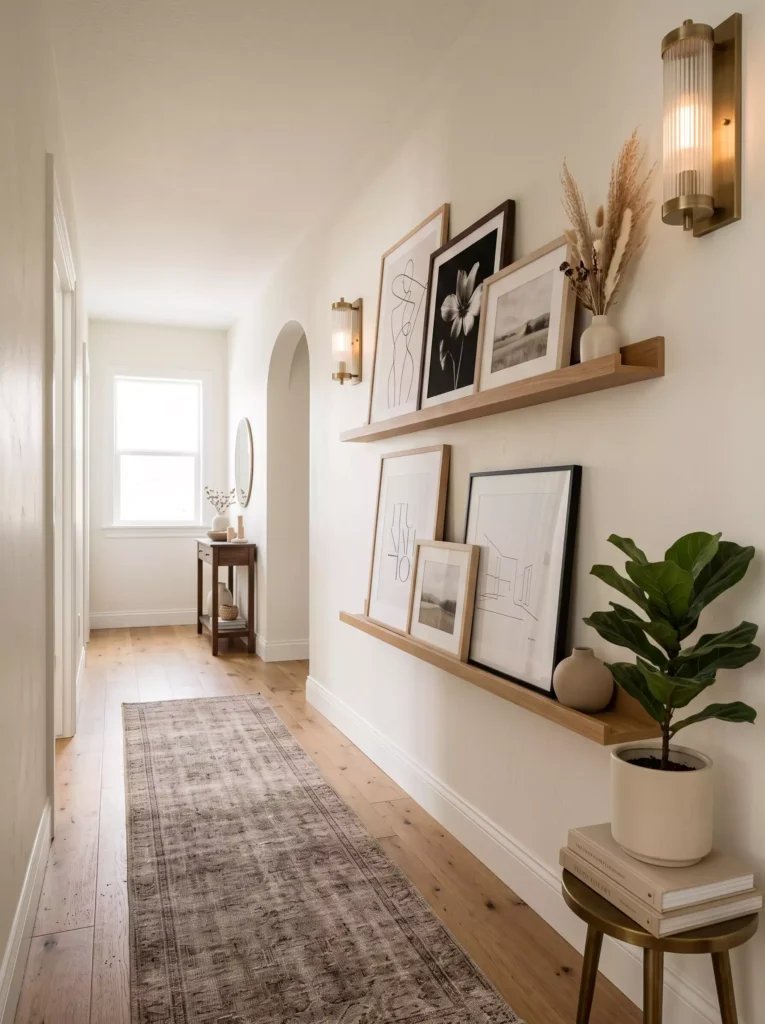 Hallway wall with floating shelves styled in line art and dried pampas grass