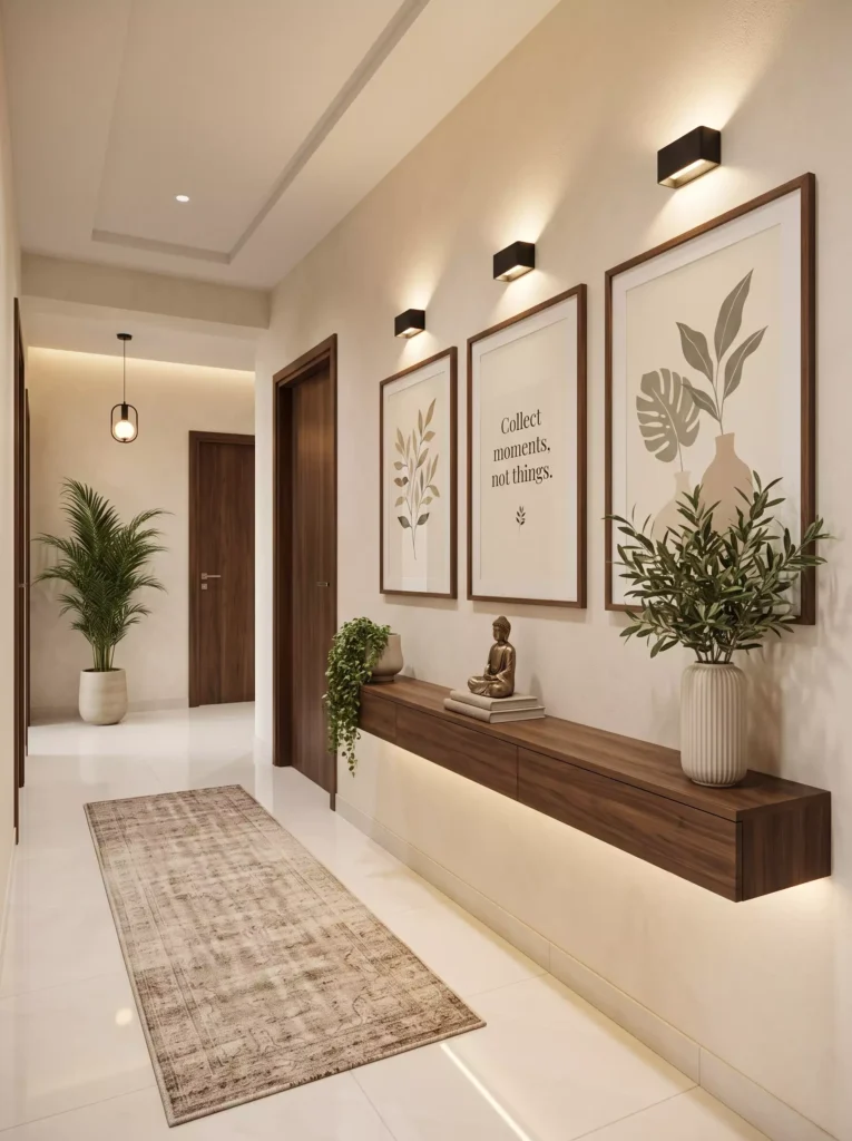 Hallway wall with framed quote art above a floating console and a Buddha statue