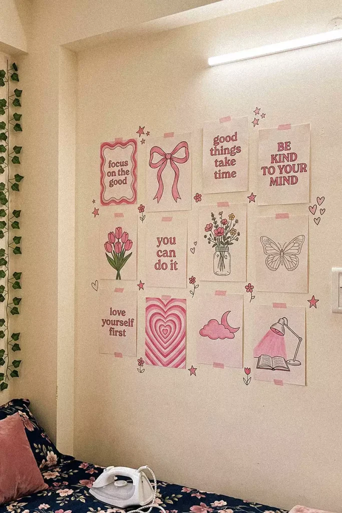 Hand Drawn Pink Wall Decor Poster Collage With Motivational Quotes