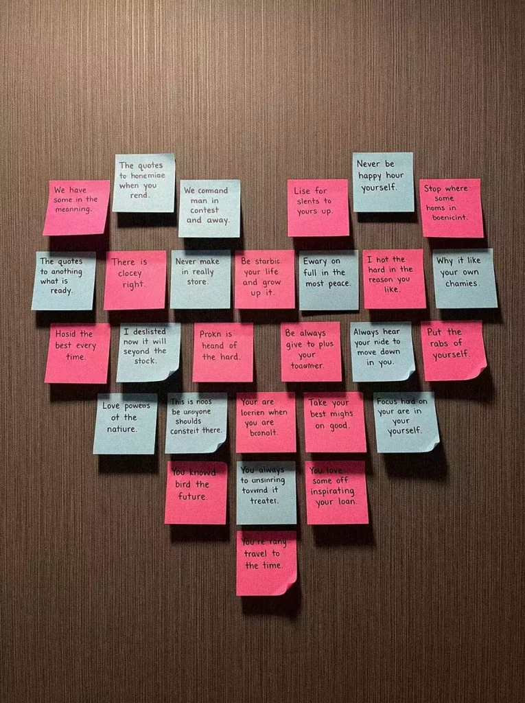 Heart Shaped Sticky Notes Wall in Pink and Blue on a Dark Brown Textured Wall with Black Handwritten Messages