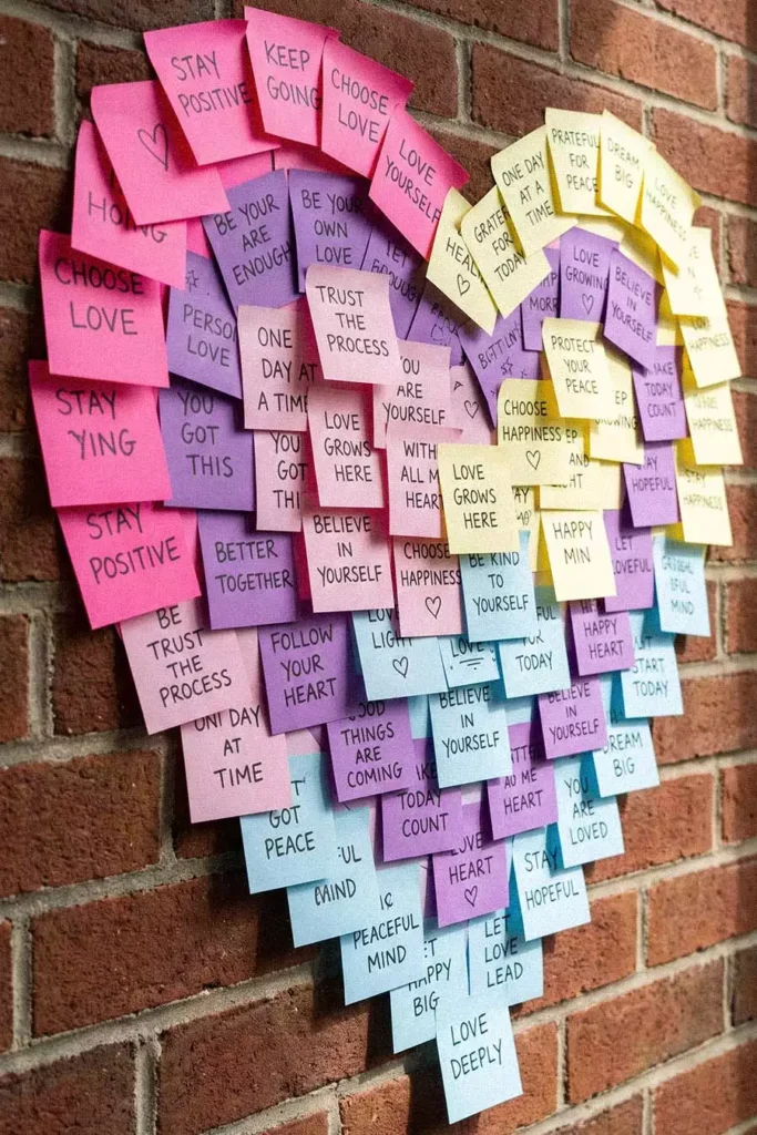 Heart Shaped Sticky Notes Wall on Red Brick in Pink Purple Yellow and Blue with Positive Affirmation Messages